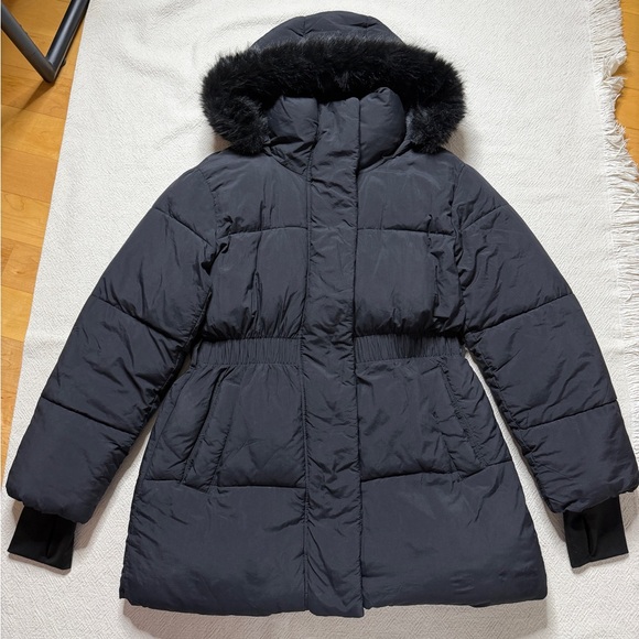 GAP Primaloft Puffer Midi Coat Black Fur Trim Hooded Winter Jacket M - Picture 3 of 13